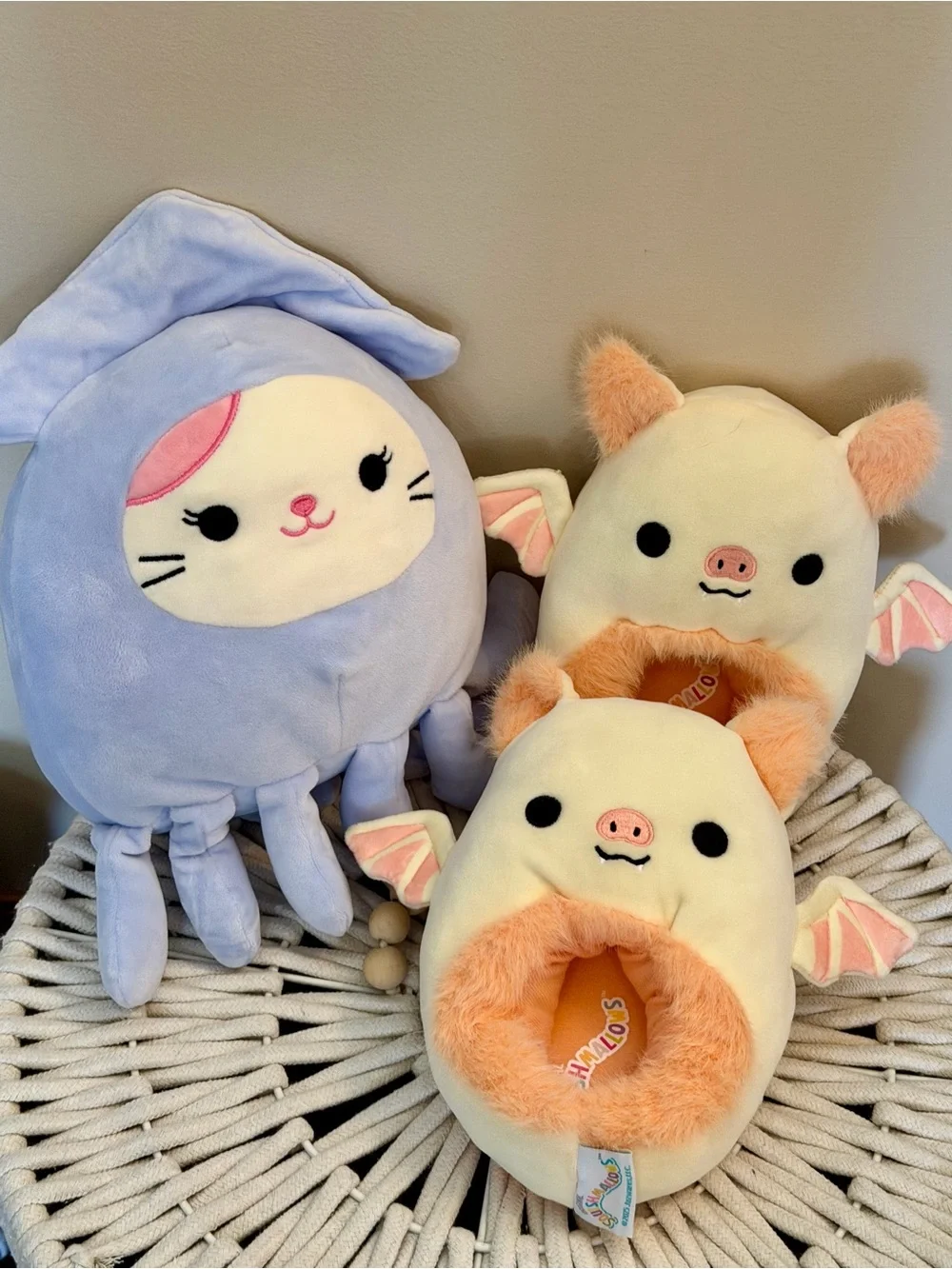 Squishmallows Meghan Yellow Bat Slippers Karina the Cat in Stacy Squid Costume